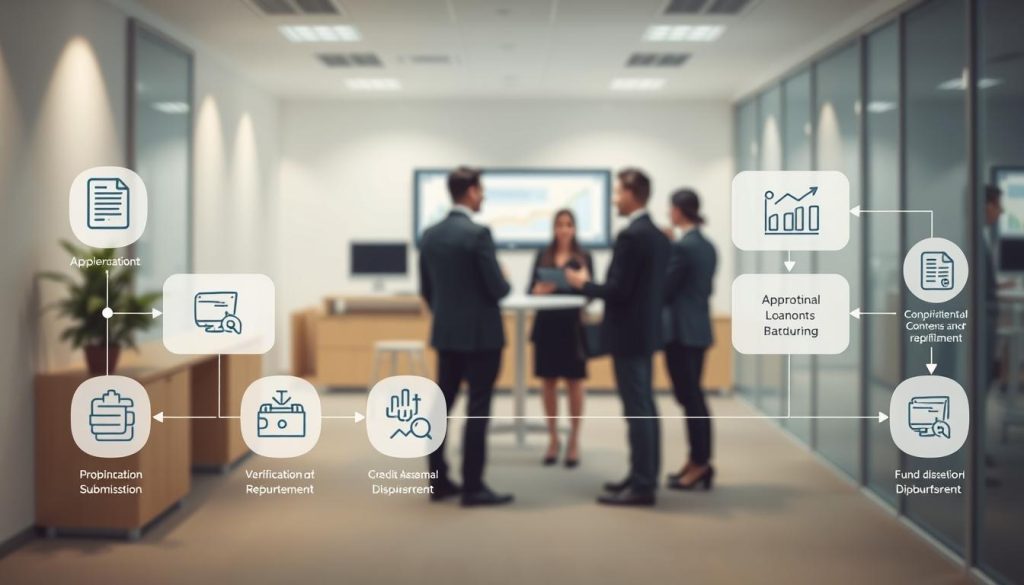 A detailed infographic depicting the loan processing workflow, highlighting key steps from application submission to disbursement. In the foreground, include a series of interconnected icons representing each stage: document submission, verification, credit assessment, approval, and fund disbursement, arranged in a logical flow. The middle ground should show a professional team discussing the process, dressed in business attire, surrounded by paperwork and a computer screen displaying data analytics. In the background, incorporate a subtle office environment, with soft lighting to create a focused yet collaborative atmosphere. Use a slightly elevated angle to provide depth, emphasizing the organized nature of the workflow diagram. The mood should be informative and business-focused, avoiding any clutter or distractions. A detailed infographic depicting the loan processing workflow, highlighting key steps from application submission to disbursement. In the foreground, include a series of interconnected icons representing each stage: document submission, verification, credit assessment, approval, and fund disbursement, arranged in a logical flow. The middle ground should show a professional team discussing the process, dressed in business attire, surrounded by paperwork and a computer screen displaying data analytics. In the background, incorporate a subtle office environment, with soft lighting to create a focused yet collaborative atmosphere. Use a slightly elevated angle to provide depth, emphasizing the organized nature of the workflow diagram. The mood should be informative and business-focused, avoiding any clutter or distractions.