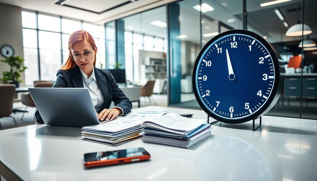 A dynamic scene showcasing rapid loan application processing. In the foreground, a professional businesswoman in smart attire sits at a sleek desk, intensely focused on her laptop, surrounded by organized paperwork and a smartphone buzzing with messages. The middle ground features a large digital clock displaying fast-moving seconds and a sleek progress bar, symbolizing speed and efficiency. The background reveals an office environment with modern furnishings and glass walls, bathing the space in bright, natural light. The atmosphere is energetic and focused, conveying the concept of quick service and support in financial processes. Use a wide-angle lens to emphasize the sense of urgency, with soft shadows to create depth and highlight the professional setting. A dynamic scene showcasing rapid loan application processing. In the foreground, a professional businesswoman in smart attire sits at a sleek desk, intensely focused on her laptop, surrounded by organized paperwork and a smartphone buzzing with messages. The middle ground features a large digital clock displaying fast-moving seconds and a sleek progress bar, symbolizing speed and efficiency. The background reveals an office environment with modern furnishings and glass walls, bathing the space in bright, natural light. The atmosphere is energetic and focused, conveying the concept of quick service and support in financial processes. Use a wide-angle lens to emphasize the sense of urgency, with soft shadows to create depth and highlight the professional setting.