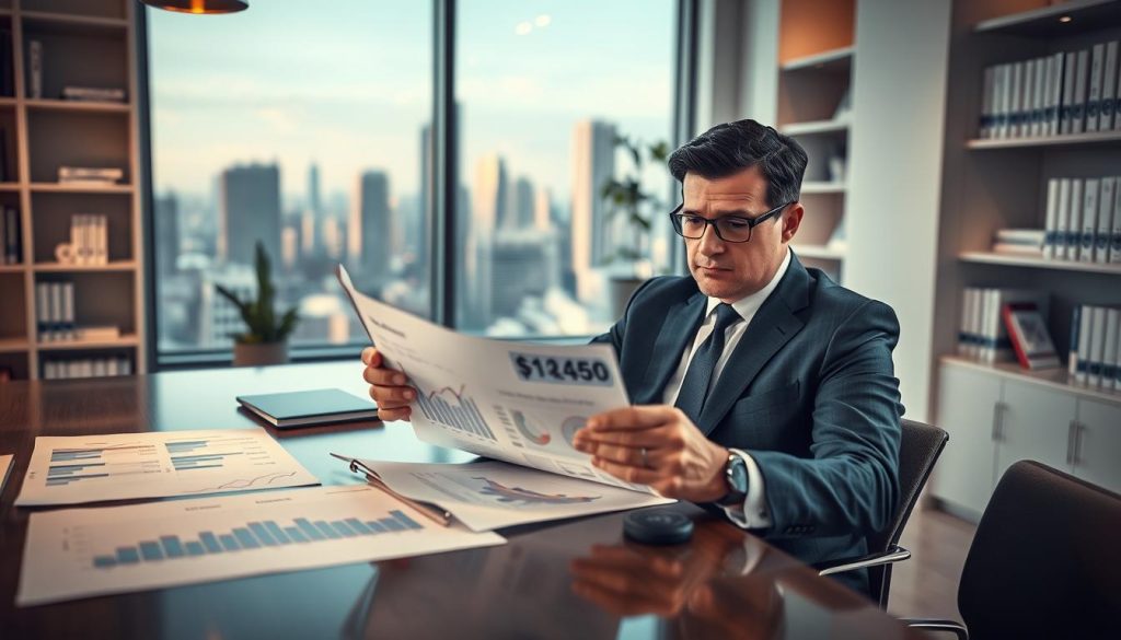 A financial advisor in a professional business suit, seated at a modern conference table, analyzing a document that represents "collateral loan percentages and mortgage settings." The foreground features sleek financial charts and graphs illuminated by soft, warm lighting. In the middle ground, a large window reveals a city skyline, symbolizing the economic landscape. The background portrays shelves lined with financial books and a potted plant for a touch of greenery, enhancing the office ambiance. The overall mood is serious and focused, emphasizing the importance of understanding the differences in collateral and guarantors that impact loan rates and terms. The image should convey professionalism and financial expertise.