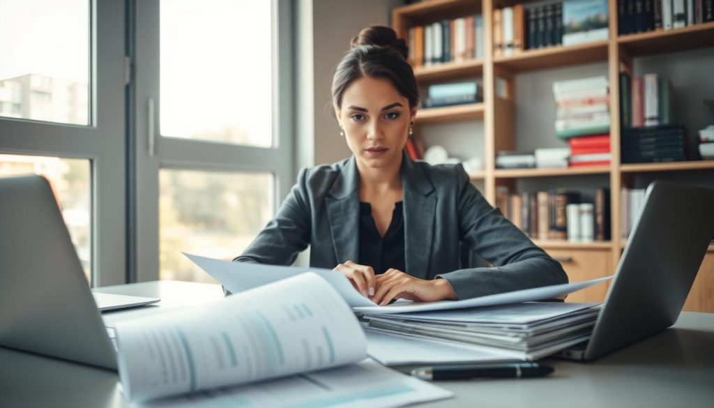 A focused office scene with a professional woman in business attire, sitting at a desk surrounded by neatly organized documents and a laptop. She is deeply engaged in reviewing and preparing loan application materials, with a determined expression. In the foreground, documents are clearly visible, displaying charts and checklists, suggesting a methodical approach to speeding up the loan application process. The middle layer showcases a large window, letting in soft, natural light that creates a warm atmosphere, enhancing a sense of productivity. In the background, shelves filled with books and financial guides suggest a professional environment. The overall mood is one of efficiency and confidence, emphasizing the theme of self-preparation for loan applications.