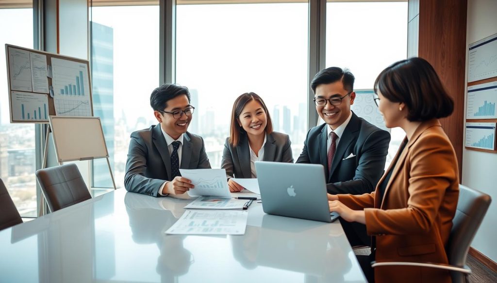 A modern financial office scene depicting a professional loan application process. In the foreground, a friendly, diverse team of three professionals—two in business suits and one in smart casual attire—are engaged in discussion around a sleek conference table. They are reviewing documents and analyzing graphs on a laptop. In the middle ground, a large window provides natural light, revealing a city skyline typical of Taiwan. The background features financial charts and loan application forms on a bulletin board. The atmosphere is focused and collaborative, emphasizing a blend of professionalism and trust. The lighting is warm, highlighting the team's engagement and creating a sense of productivity. A modern financial office scene depicting a professional loan application process. In the foreground, a friendly, diverse team of three professionals—two in business suits and one in smart casual attire—are engaged in discussion around a sleek conference table. They are reviewing documents and analyzing graphs on a laptop. In the middle ground, a large window provides natural light, revealing a city skyline typical of Taiwan. The background features financial charts and loan application forms on a bulletin board. The atmosphere is focused and collaborative, emphasizing a blend of professionalism and trust. The lighting is warm, highlighting the team's engagement and creating a sense of productivity.