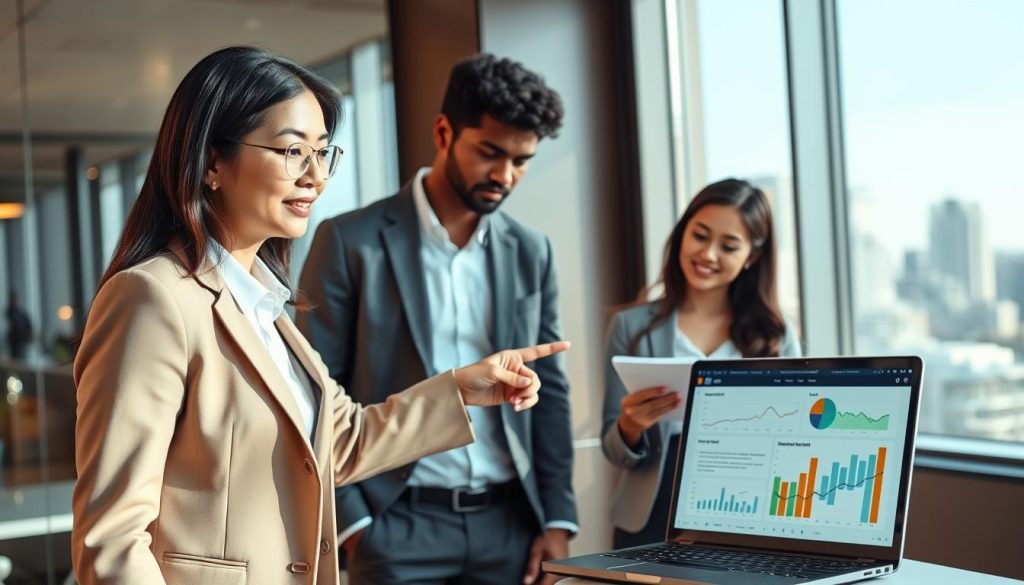 A modern office scene depicting a diverse group of professional financial advisors discussing loan planning with clients. In the foreground, a middle-aged Asian female advisor in a smart business suit is pointing to a laptop screen displaying financial charts and graphs, illustrating the concept of loan success rates. The middle ground features a young couple, dressed in professional attire, looking engaged and focused as they take notes. In the background, a sleek glass window reveals a city skyline, bathing the scene in warm, natural light, emphasizing a sense of professionalism and hope. The atmosphere should convey collaboration and optimism, highlighting the importance of expert guidance in financial planning. Use a slightly elevated angle to capture the dynamic interaction between the advisors and their clients.
