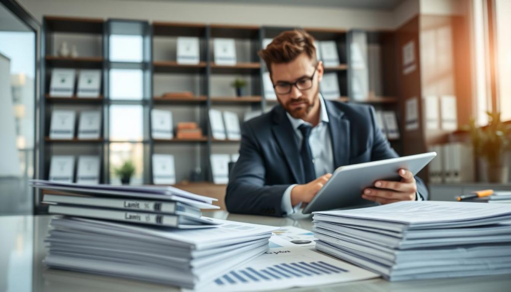 A modern office setting where a professional financial advisor sits at a sleek desk, evaluating loan conditions on a tablet. In the foreground, a stack of organized documents includes charts and graphs representing loan limits, percentages, and terms. The advisor, dressed in smart business attire, appears focused, with a thoughtful expression. In the middle ground, a large window allows natural light to flood the room, creating a bright and optimistic atmosphere. The background features shelves lined with financial books and diplomas, emphasizing expertise. The composition should have a slight depth of field effect, with the advisor and documents clearly in focus, while the background remains softer. The overall mood is one of professionalism and clarity, encouraging informed financial decisions.