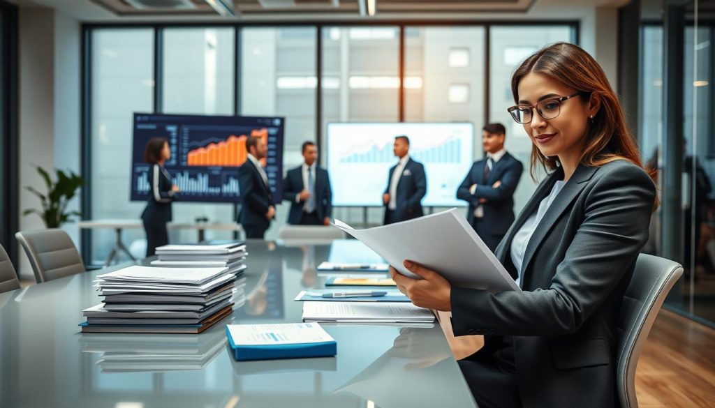 A professional business environment showcasing a financial check-up scene. In the foreground, a confident businesswoman in formal attire is reviewing documents while sitting at a sleek conference table stacked with files and a laptop, symbolizing careful financial analysis. In the middle ground, a diverse group of professionals, dressed in business attire, discusses strategies, with graphs and charts displayed on a digital screen behind them, indicating financial targets. The background features a modern office with large windows allowing natural light to illuminate the space, creating a warm and focused atmosphere. The overall mood conveys professionalism and determination, ideal for a financial negotiation context, emphasizing preparation and goal setting.
