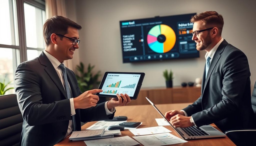 A professional business scene depicting a financial consultant explaining "財力證明" (Proof of Financial Strength) to a client in a modern office setting. In the foreground, a well-dressed consultant, wearing a tailored suit, is gesturing towards a tablet displaying financial graphs and relevant documents. The client, also in formal business attire, looks engaged and attentive. In the middle, a desk cluttered with financial statements, a calculator, and an open laptop, while a wall-mounted screen in the background shows a pie chart highlighting loan statistics. Soft, natural lighting floods the room through large windows, creating a welcoming atmosphere. The overall mood conveys professionalism and the importance of preparation in loan negotiations.