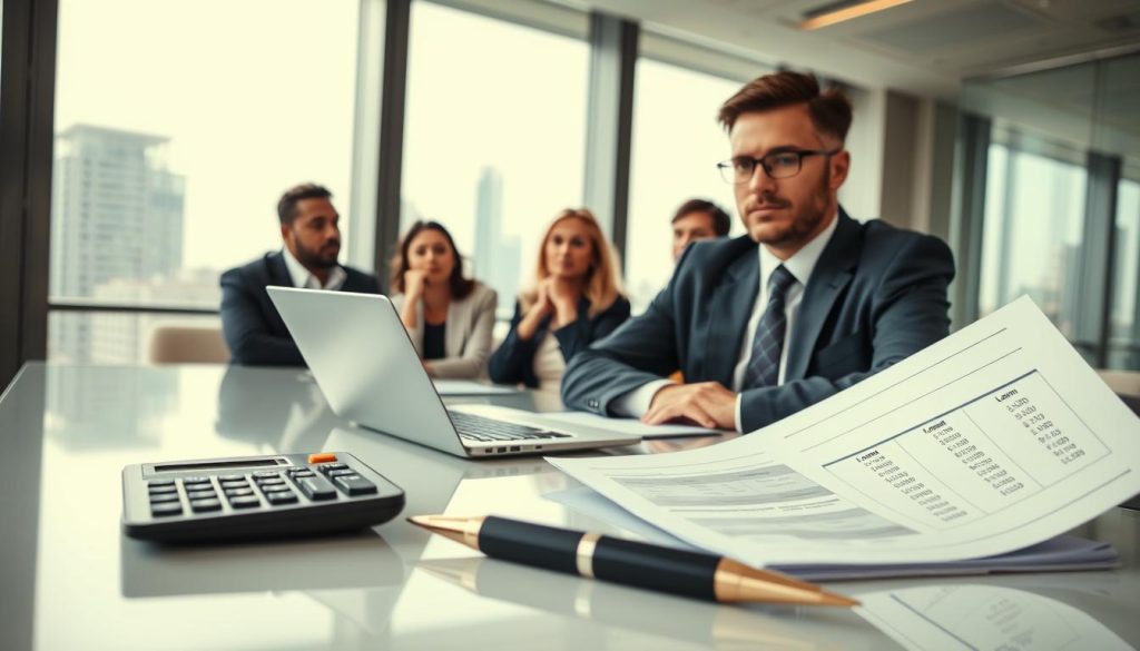 A professional business setting depicting a confident financial advisor in formal attire, sitting at a sleek conference table surrounded by financial documents and a laptop. In the foreground, a close-up view of a calculator, charts showing loan amounts and interest rates, and a pen poised above a mortgage agreement. The middle ground features a diverse group of clients engaged in discussion, deep in thought, with expressions of contemplation and curiosity. In the background, large windows reveal a cityscape, with soft, natural light flooding the room, creating a warm and inviting atmosphere. The mood conveys seriousness and professionalism, highlighting the importance of understanding loan limits and interest rates in financial decision-making.