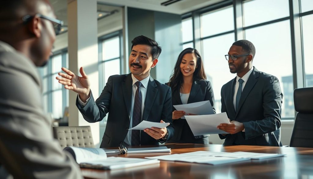 A professional business setting featuring a diverse group of individuals engaged in a discussion about loan terms. In the foreground, a middle-aged Asian man in a tailored suit gestures while explaining concepts related to loan interest rates. Beside him, a young Black woman in professional attire takes notes, her expression focused. The middle ground showcases an elegant meeting table with documents about loan products and options spread out. In the background, a modern office environment with large windows allowing natural light to fill the room, creating a bright and optimistic atmosphere. Soft shadows enhance the depth, emphasizing the serious yet collaborative mood of the meeting. The scene conveys the importance of loan usage and product selection in determining loan conditions. A professional business setting featuring a diverse group of individuals engaged in a discussion about loan terms. In the foreground, a middle-aged Asian man in a tailored suit gestures while explaining concepts related to loan interest rates. Beside him, a young Black woman in professional attire takes notes, her expression focused. The middle ground showcases an elegant meeting table with documents about loan products and options spread out. In the background, a modern office environment with large windows allowing natural light to fill the room, creating a bright and optimistic atmosphere. Soft shadows enhance the depth, emphasizing the serious yet collaborative mood of the meeting. The scene conveys the importance of loan usage and product selection in determining loan conditions.