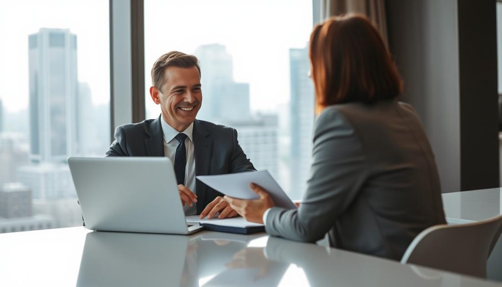 A professional financial consultant sitting at a sleek, modern desk, engaged in a conversation with a client. The consultant, dressed in a smart suit, displays a friendly demeanor while reviewing documents on a laptop. The client, also in business attire, appears attentive and engaged. In the background, a large window reveals a cityscape, emphasizing an urban financial environment. Soft, natural light pours in, creating a warm and inviting atmosphere. The focus is sharp on the interaction between the two figures, while the background is slightly blurred to enhance the depth of field. The overall mood conveys professionalism and trust, highlighting the theme of personal consultation for financial decisions. A professional financial consultant sitting at a sleek, modern desk, engaged in a conversation with a client. The consultant, dressed in a smart suit, displays a friendly demeanor while reviewing documents on a laptop. The client, also in business attire, appears attentive and engaged. In the background, a large window reveals a cityscape, emphasizing an urban financial environment. Soft, natural light pours in, creating a warm and inviting atmosphere. The focus is sharp on the interaction between the two figures, while the background is slightly blurred to enhance the depth of field. The overall mood conveys professionalism and trust, highlighting the theme of personal consultation for financial decisions.