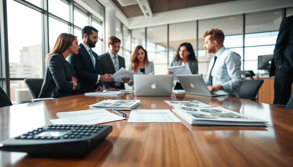 A professional loan broker's office scene. In the foreground, a diverse group of individuals in professional business attire are engaged in a focused discussion over documents and laptops, showcasing negotiation strategies. In the middle, a polished desk with financial brochures and a calculator, symbolizing the tools of the trade. The background features a modern office environment with large windows letting in natural light, creating a warm and inviting atmosphere. Soft shadows highlight the professionalism and seriousness of the meeting. The overall mood is focused and collaborative, reflecting the dynamics of negotiations between brokers and banks. The angle should be slightly raised to capture the interaction effectively while maintaining a clean and organized workspace.