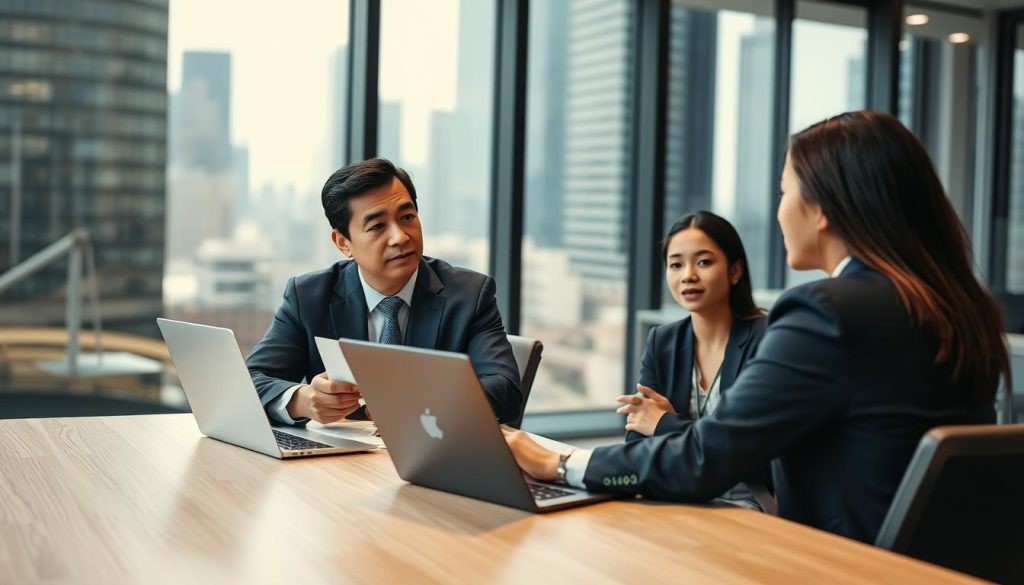 A professional loan consultant engaged in a focused discussion with a client in a well-lit, modern office environment. The consultant, a middle-aged Asian male in a sharp navy suit, sits across a sleek wooden desk, displaying a laptop and financial documents. The client, a young woman of Hispanic descent, appears attentive, dressed in a smart casual outfit, leaning slightly forward, with a look of interest. In the background, a large window reveals a cityscape, enhancing the bustling atmosphere. The lighting is soft yet bright, creating an inviting mood that emphasizes professionalism and trust. Capture this scene from a slightly elevated angle to provide a clear view of both individuals and their interaction.