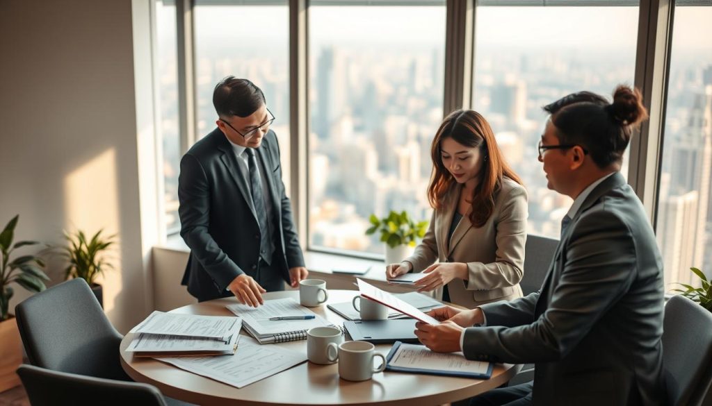 A professional loan consulting company office in Taiwan, showcasing a diverse team of consultants working together. In the foreground, a male consultant in a dark suit reviews documents with a female consultant in a light business outfit, both focused and engaged. In the middle, a round table filled with financial papers, laptops, and coffee cups indicates active collaboration. The background features a large window with a view of a bustling city skyline, with soft natural light illuminating the space. The atmosphere is one of professionalism and determination, conveying a sense of trust and success in financial planning. Soft shadows and a well-organized, tidy environment enhance the businesslike mood.
