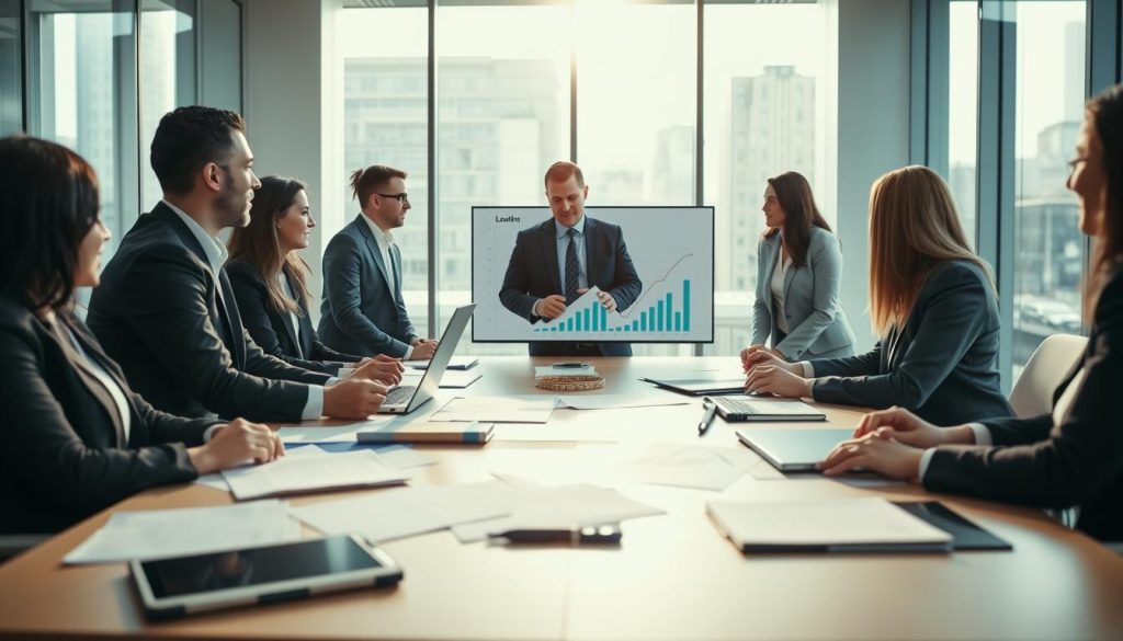 A professional loan consulting office environment, showcasing a diverse team of financial advisors in smart business attire, engaged in a collaborative discussion. In the foreground, a well-lit conference table is cluttered with documents, laptops, and financial charts. The middle ground captures advisors reviewing a loan plan displayed on a screen, conveying teamwork and strategic planning. The background features a modern office setting with large windows allowing natural light to pour in, creating a warm and inviting atmosphere. The mood is focused, optimistic, and professional, emphasizing the importance of well-planned financing strategies. The image is taken from a slightly elevated angle to capture both the collaborative atmosphere and the details of the paperwork on the table.
