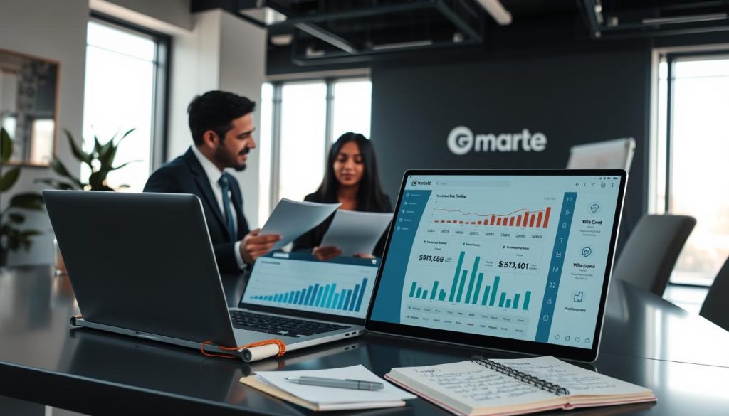A professional-looking office space with a diverse group of individuals engaging in a consultation about loan application strategies. In the foreground, a business advisor in formal attire is presenting financial documents and charts to a couple seated at a sleek conference table, demonstrating collaboration and focus. In the middle ground, a laptop displays a financial platform with graphs illustrating loan options, while a notepad filled with handwritten notes lies nearby. The background features modern office decor with subtle corporate branding and large windows allowing soft, natural light to illuminate the scene, creating a warm and inviting atmosphere. The overall mood conveys professionalism, trust, and the hope of achieving successful loan acquisition through expert assistance.