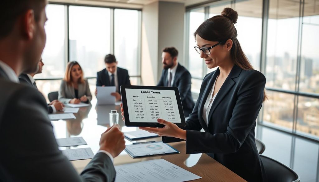 A professional meeting scene depicting a well-dressed businesswoman negotiating loan terms at a conference table. In the foreground, she holds a tablet displaying loan comparison figures, emphasizing an analytical approach. The middle ground features a diverse group of advisors in business attire, engaging in discussion, with charts and financial documents scattered around. The background showcases large windows with a city skyline, providing a bright atmosphere, while soft natural light filters through, creating a warm yet professional mood. The image captures a sense of collaboration and strategic thinking, focusing on the negotiation process from inquiry to agreement, highlighting a balance between professionalism and approachability.
