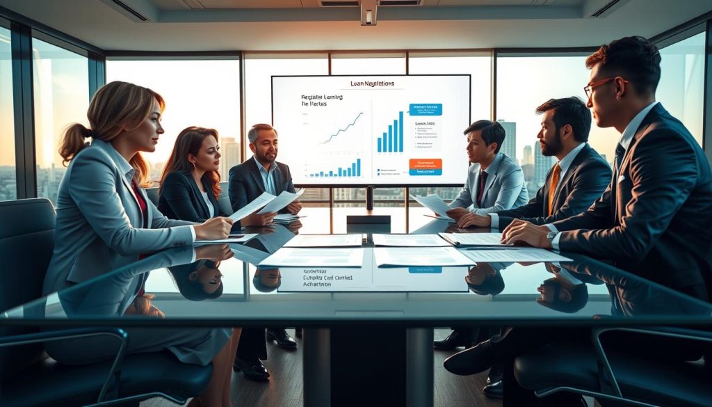 A professional meeting scene illustrating loan negotiations. In the foreground, a diverse group of three professionals in business attire—one woman and two men—are engaged in discussion around a sleek glass conference table, reviewing loan documents with focused expressions. The middle ground features a large presentation screen displaying graphs and keywords related to loan terms, with a soft, diffused light illuminating the room from above, creating a warm atmosphere. In the background, floor-to-ceiling windows show a city skyline bathed in late afternoon sunlight, emphasizing a sense of opportunity and success. The overall mood is serious yet hopeful, reflecting the potential for negotiation and agreement on loan conditions.