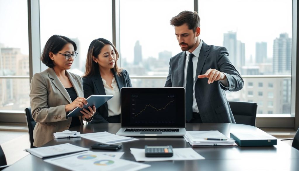 A professional, modern office setting showcases two businesspeople engaged in a serious discussion over loan comparisons. In the foreground, a mid-aged Asian woman in a smart blazer and glasses takes notes on a digital tablet, while a young Caucasian man in a tailored suit gestures towards a laptop screen displaying a comparative loan graph. The middle ground features a sleek conference table with financial documents, charts, and a calculator scattered around, emphasizing the importance of decision-making in loan negotiations. In the background, large windows reveal a city skyline, allowing natural light to fill the room, creating a focused and serious atmosphere. The overall mood reflects professionalism, collaboration, and the depth of understanding necessary for successful loan negotiations.
