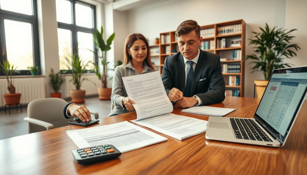 A professional office environment showcasing a dedicated loan consultant discussing contract agreements with a client. In the foreground, a focus on a sleek wooden desk with open documents, a calculator, and a laptop displaying a financial analysis. The consultant, dressed in a tailored business suit, points to important sections of the contract, while the client, in modest casual clothing, listens intently. In the middle ground, large windows let in natural light, illuminating the room with a warm and inviting glow. The background features a modern office setup with potted plants and a bookshelf filled with financial literature, creating a serious yet approachable atmosphere. The angle is slightly tilted from above, emphasizing the interaction and detail in the documents.