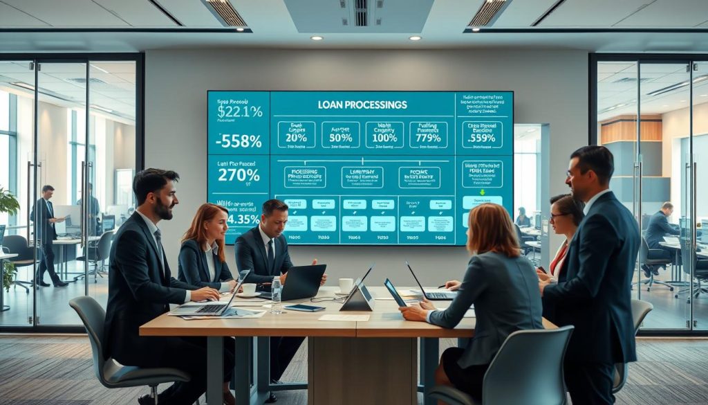 A professional office environment showcasing the concept of loan processing speed. In the foreground, a diverse group of business professionals in smart attire, engaged in a discussion around a large table filled with financial documents and laptops. The middle layer should feature a wall-mounted digital display showing various loan processing statistics and a flowchart illustrating the steps of loan approval. In the background, large glass doors reveal a bustling office with employees at work and natural light pouring in. The atmosphere is one of urgency and efficiency, with soft, warm lighting creating a focused yet inviting feel. A slight depth of field effect enhances the focus on the professionals in the foreground, emphasizing their collaboration and engagement in the loan processing discussion. A professional office environment showcasing the concept of loan processing speed. In the foreground, a diverse group of business professionals in smart attire, engaged in a discussion around a large table filled with financial documents and laptops. The middle layer should feature a wall-mounted digital display showing various loan processing statistics and a flowchart illustrating the steps of loan approval. In the background, large glass doors reveal a bustling office with employees at work and natural light pouring in. The atmosphere is one of urgency and efficiency, with soft, warm lighting creating a focused yet inviting feel. A slight depth of field effect enhances the focus on the professionals in the foreground, emphasizing their collaboration and engagement in the loan processing discussion.