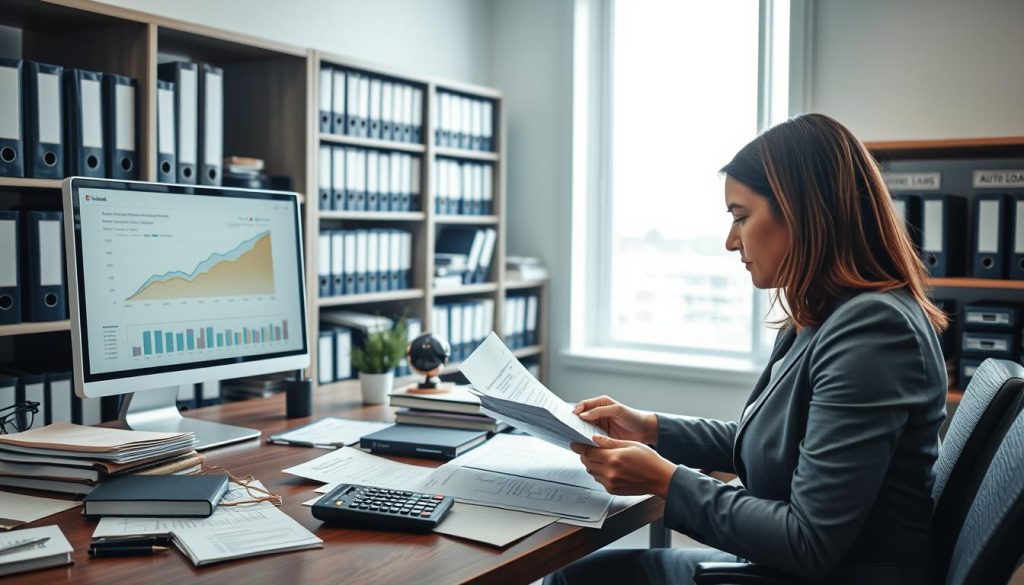 A professional office setting depicting the loan processing and appraisal scene. In the foreground, a businesswoman in professional attire, intently reviewing documents at a desk cluttered with financial papers and a calculator. Middle ground features a sleek computer displaying graphs and loan statistics, and a large window allowing natural light to illuminate the room. In the background, shelves filled with binders labeled "Mortgages," "Auto Loans," and “Personal Loans" create a scene of financial complexity. The atmosphere is tense yet focused, with a sense of urgency as time-sensitive decisions are being made. The lighting is bright, emphasizing a sterile, high-stakes environment that underscores the themes of efficiency and appraisal speed. A professional office setting depicting the loan processing and appraisal scene. In the foreground, a businesswoman in professional attire, intently reviewing documents at a desk cluttered with financial papers and a calculator. Middle ground features a sleek computer displaying graphs and loan statistics, and a large window allowing natural light to illuminate the room. In the background, shelves filled with binders labeled "Mortgages," "Auto Loans," and “Personal Loans" create a scene of financial complexity. The atmosphere is tense yet focused, with a sense of urgency as time-sensitive decisions are being made. The lighting is bright, emphasizing a sterile, high-stakes environment that underscores the themes of efficiency and appraisal speed.