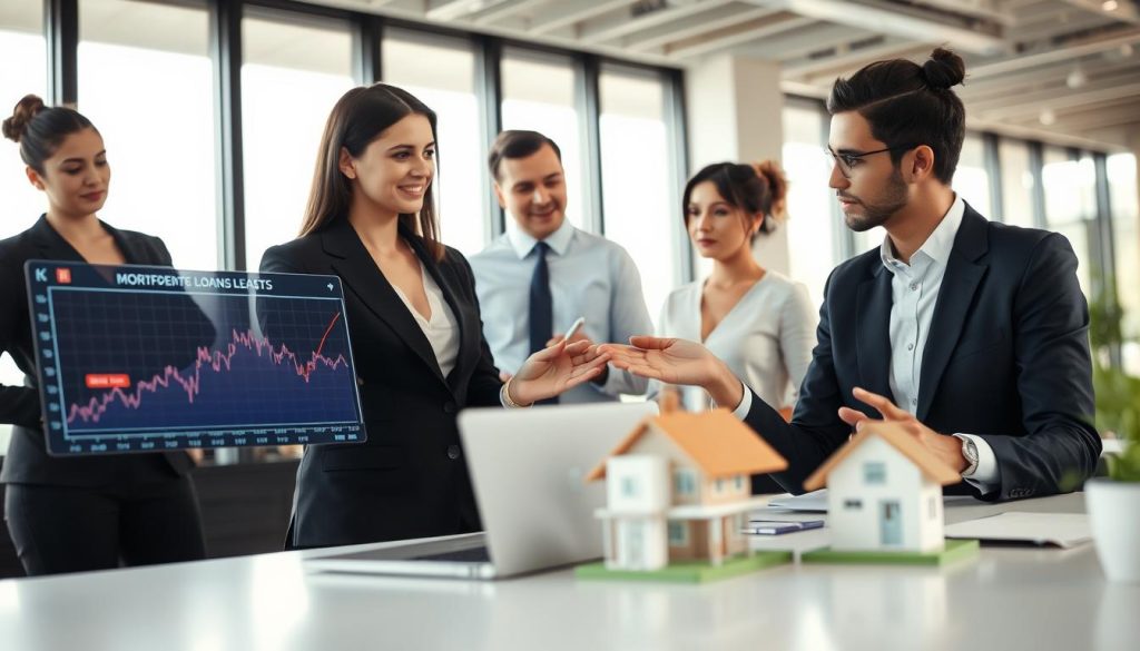 A professional office setting featuring a diverse group of individuals engaged in a discussion about mortgage loans. In the foreground, a woman in a smart business suit is explaining the concept of collateral and its impact on loan costs, pointing to a digital chart on a laptop displaying fluctuating interest rates. In the middle ground, a man in a tailored dress shirt takes notes, while another person gestures towards a model house, symbolizing property value. The background shows a modern office with large windows letting in soft, natural light, creating a warm and inviting atmosphere. The lens captures the scene in a shallow depth of field to emphasize the dynamic interaction among the professionals, creating a sense of focus on the discussion at hand. A professional office setting featuring a diverse group of individuals engaged in a discussion about mortgage loans. In the foreground, a woman in a smart business suit is explaining the concept of collateral and its impact on loan costs, pointing to a digital chart on a laptop displaying fluctuating interest rates. In the middle ground, a man in a tailored dress shirt takes notes, while another person gestures towards a model house, symbolizing property value. The background shows a modern office with large windows letting in soft, natural light, creating a warm and inviting atmosphere. The lens captures the scene in a shallow depth of field to emphasize the dynamic interaction among the professionals, creating a sense of focus on the discussion at hand.