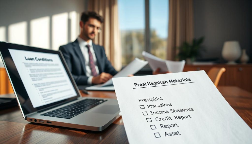 A professional office setting, focusing on a neatly arranged wooden desk with a laptop open, displaying a document titled "Loan Conditions." In the foreground, a checklist titled "Preparation Materials for Bank Negotiation" with bullet points, such as "Income Statements," "Credit Report," and "Asset Documentation," is prominently displayed. In the middle ground, a businessperson in smart attire, looking thoughtful, is reviewing the documents, appearing focused and diligent. In the background, soft lighting enhances the calm atmosphere while a large window lets in natural daylight, casting gentle shadows across the room. The overall mood is one of serious preparation and professionalism, conveying the importance of being well-prepared for negotiations at a bank.