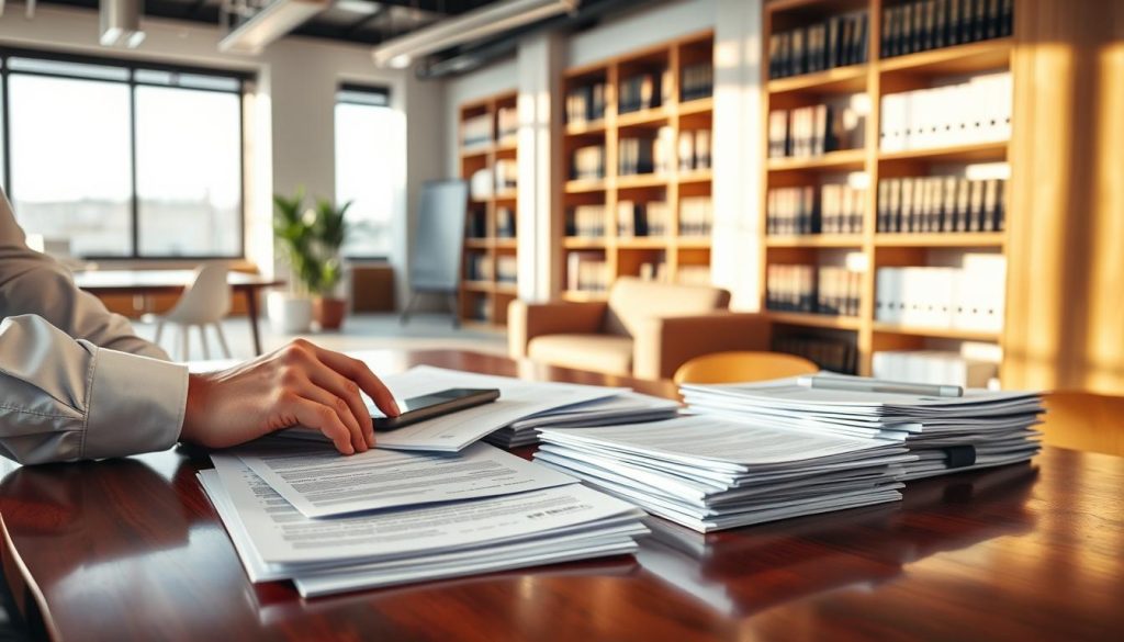 A professional office setting showcasing the meticulous preparation of loan documents. In the foreground, a polished wooden desk cluttered with neatly stacked forms, a calculator, and a smartphone. A hand is seen organizing the papers, dressed in a formal business shirt, emphasizing diligence and care. In the middle ground, a spacious office with floor-to-ceiling windows allowing natural light to stream in, creating a bright and inviting atmosphere. Soft shadows play across the room, highlighting the textures of the furniture. In the background, shelves filled with neatly arranged reference books about finance and loans, further immersing the viewer in the theme of document preparation. The mood is focused and professional, conveying the importance of attention to detail in the loan application process. A professional office setting showcasing the meticulous preparation of loan documents. In the foreground, a polished wooden desk cluttered with neatly stacked forms, a calculator, and a smartphone. A hand is seen organizing the papers, dressed in a formal business shirt, emphasizing diligence and care. In the middle ground, a spacious office with floor-to-ceiling windows allowing natural light to stream in, creating a bright and inviting atmosphere. Soft shadows play across the room, highlighting the textures of the furniture. In the background, shelves filled with neatly arranged reference books about finance and loans, further immersing the viewer in the theme of document preparation. The mood is focused and professional, conveying the importance of attention to detail in the loan application process.
