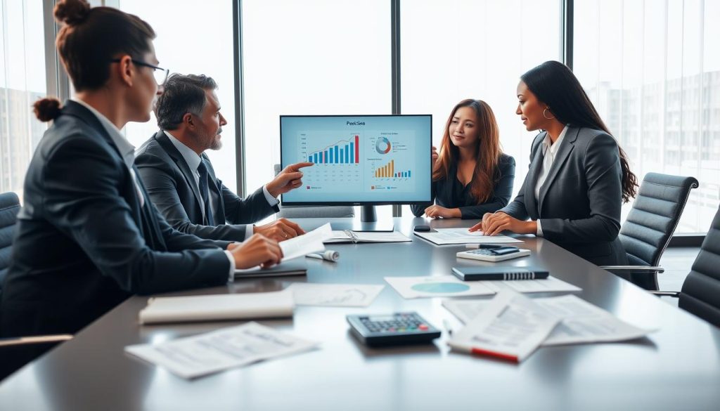 A professional setting depicting a personal asset assessment scene. In the foreground, a diverse group of three individuals in professional business attire are gathered around a sleek conference table, analyzing documents and financial statements. One person is pointing at a laptop screen displaying graphs and charts of credit scores, income, liabilities, and assets. In the middle ground, there are scattered notebooks and calculators, emphasizing a thorough evaluation process. The background shows a large window with natural light flooding in, casting soft shadows and creating a serene atmosphere. The mood is focused and productive, highlighting the importance of evaluating personal financial conditions before making significant financial decisions. The scene is captured with a slight depth of field, drawing attention to the individuals and their collaborative efforts. A professional setting depicting a personal asset assessment scene. In the foreground, a diverse group of three individuals in professional business attire are gathered around a sleek conference table, analyzing documents and financial statements. One person is pointing at a laptop screen displaying graphs and charts of credit scores, income, liabilities, and assets. In the middle ground, there are scattered notebooks and calculators, emphasizing a thorough evaluation process. The background shows a large window with natural light flooding in, casting soft shadows and creating a serene atmosphere. The mood is focused and productive, highlighting the importance of evaluating personal financial conditions before making significant financial decisions. The scene is captured with a slight depth of field, drawing attention to the individuals and their collaborative efforts.