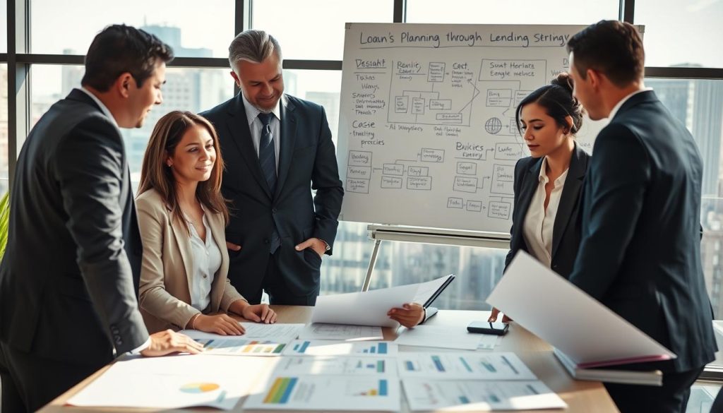 A professional setting illustrating the concept of loan planning through a lending agency. In the foreground, a diverse group of well-dressed individuals, including a middle-aged Asian male and a young Hispanic woman, are engaged in a focused discussion around a table covered with charts and documents related to loan strategies. In the middle ground, a modern office environment with glass windows, showcasing a city skyline view, enhances the ambiance. Bright, natural lighting floods the room, creating an optimistic atmosphere. The background features a whiteboard filled with brainstorming notes and visual aids, symbolizing key strategies and case packaging in the loan application process. The overall mood conveys collaboration and expertise, emphasizing the value of strategic planning in loan approval success.
