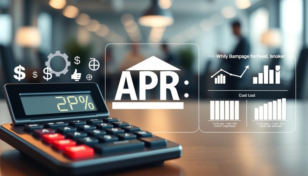 A professionally designed financial infographic focusing on "Annual Percentage Rate (APR)" as a central theme. In the foreground, showcase a sleek calculator displaying the APR percentage clearly, surrounded by symbols representing interest rates and fees, such as dollar signs and percentage symbols. The middle ground features graphs and charts illustrating comparisons of costs associated with bank loans versus broker services, seamlessly integrated with visually engaging elements. The background includes a blurred office environment with soft lighting that evokes a serious yet approachable atmosphere, hinting at financial professionalism. The overall mood should be informative and analytical, encouraging an understanding of financial concepts; no text should appear in the image. A professionally designed financial infographic focusing on "Annual Percentage Rate (APR)" as a central theme. In the foreground, showcase a sleek calculator displaying the APR percentage clearly, surrounded by symbols representing interest rates and fees, such as dollar signs and percentage symbols. The middle ground features graphs and charts illustrating comparisons of costs associated with bank loans versus broker services, seamlessly integrated with visually engaging elements. The background includes a blurred office environment with soft lighting that evokes a serious yet approachable atmosphere, hinting at financial professionalism. The overall mood should be informative and analytical, encouraging an understanding of financial concepts; no text should appear in the image.
