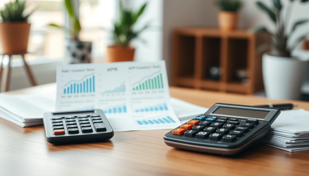 A visual representation of "APR 總費用年百分率," illustrating loan comparison concepts. In the foreground, a modern calculator with bright buttons is placed on a neatly arranged wooden desk, next to a stack of financial documents. In the middle, infographics and charts showing different APR rates from various banks are prominently displayed, showcasing percentages and curves in vibrant colors like blue and green. In the background, a blurred office setting with potted plants and soft natural lighting creates a calm, professional atmosphere. The image conveys a sense of clarity and importance, emphasizing the need for informed financial decisions. The lens is focused sharply on the calculator and charts, with a slight bokeh effect on the background for depth.