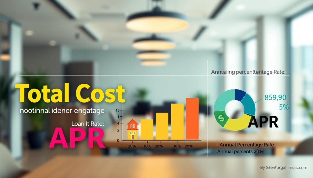 A visually engaging infographic displaying a comparison between nominal interest rates and Annual Percentage Rates (APR). In the foreground, clear and large text overlays highlight the term "Total Cost Annual Percentage Rate" with colorful, eye-catching graphics. The middle layer includes an illustrated bar graph or pie chart showing variations in loan rates, featuring icons of houses and money. The background showcases a blurred image of a modern office environment with a subtle, professional ambiance, illuminated by soft, natural light. The overall mood is informative and analytical, enhancing the reader's understanding of financial concepts. No text, captions, or any distractions are present. A visually engaging infographic displaying a comparison between nominal interest rates and Annual Percentage Rates (APR). In the foreground, clear and large text overlays highlight the term "Total Cost Annual Percentage Rate" with colorful, eye-catching graphics. The middle layer includes an illustrated bar graph or pie chart showing variations in loan rates, featuring icons of houses and money. The background showcases a blurred image of a modern office environment with a subtle, professional ambiance, illuminated by soft, natural light. The overall mood is informative and analytical, enhancing the reader's understanding of financial concepts. No text, captions, or any distractions are present.