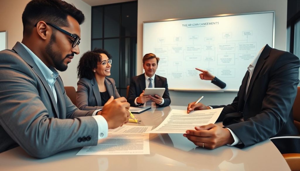 A well-lit office scene showcasing a diverse group of three professionals, all dressed in smart business attire, sitting around a sleek conference table. In the foreground, a person is carefully reviewing a detailed loan agreement document, with a highlighter in hand, emphasizing critical points. In the middle ground, another professional is taking notes on a digital tablet while looking thoughtfully at the document. The third person, in the background, gestures towards a large whiteboard filled with flowcharts depicting the loan application and verification processes, illuminated by soft overhead lighting. The atmosphere is focused and collaborative, emphasizing diligence and precision in contract negotiation. Capture this moment from a slightly elevated angle to emphasize the dynamics of the discussion, with a warm color palette to evoke professionalism. A well-lit office scene showcasing a diverse group of three professionals, all dressed in smart business attire, sitting around a sleek conference table. In the foreground, a person is carefully reviewing a detailed loan agreement document, with a highlighter in hand, emphasizing critical points. In the middle ground, another professional is taking notes on a digital tablet while looking thoughtfully at the document. The third person, in the background, gestures towards a large whiteboard filled with flowcharts depicting the loan application and verification processes, illuminated by soft overhead lighting. The atmosphere is focused and collaborative, emphasizing diligence and precision in contract negotiation. Capture this moment from a slightly elevated angle to emphasize the dynamics of the discussion, with a warm color palette to evoke professionalism.