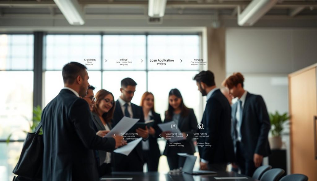 An illustrated flowchart of the loan application process, showcasing each step clearly. Foreground features diverse professionals in business attire discussing documents and using a laptop, conveying a collaborative atmosphere. The middle layer includes a detailed flowchart with labeled steps like "Initial Application," "Credit Check," "Approval," and "Funding," represented with arrows and icons. The background is an office environment with a large window allowing natural light to flood the room, creating a warm and inviting mood. Use soft, diffused lighting to enhance professionalism, and maintain a shallow depth of field to emphasize the flowchart and the individuals. The angle should be slightly tilted to give a dynamic perspective on the teamwork involved in the loan process. An illustrated flowchart of the loan application process, showcasing each step clearly. Foreground features diverse professionals in business attire discussing documents and using a laptop, conveying a collaborative atmosphere. The middle layer includes a detailed flowchart with labeled steps like "Initial Application," "Credit Check," "Approval," and "Funding," represented with arrows and icons. The background is an office environment with a large window allowing natural light to flood the room, creating a warm and inviting mood. Use soft, diffused lighting to enhance professionalism, and maintain a shallow depth of field to emphasize the flowchart and the individuals. The angle should be slightly tilted to give a dynamic perspective on the teamwork involved in the loan process.