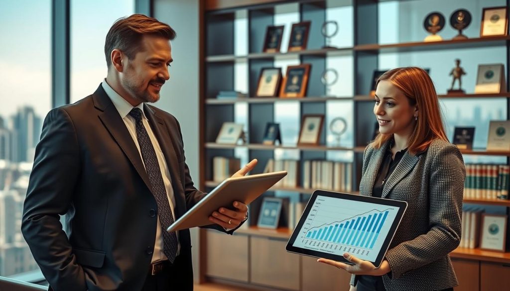 An insightful scene reflecting the nuances of loan interest rates, set in a modern bank office. In the foreground, a professional banker in a tailored suit is discussing with a client, gesturing towards an informative chart displayed on a sleek tablet. The banker has a confident and engaging expression, while the client appears attentive and curious, dressed in smart casual attire. In the middle ground, a large window shows a skyline view of the city, suggesting a bright and prosperous atmosphere. The background features shelves filled with financial books and awards, emphasizing expertise and trustworthiness. The lighting is warm and inviting, with soft shadows creating a sense of focus on the interaction. The mood is professional yet approachable, capturing the essence of financial discussions. An insightful scene reflecting the nuances of loan interest rates, set in a modern bank office. In the foreground, a professional banker in a tailored suit is discussing with a client, gesturing towards an informative chart displayed on a sleek tablet. The banker has a confident and engaging expression, while the client appears attentive and curious, dressed in smart casual attire. In the middle ground, a large window shows a skyline view of the city, suggesting a bright and prosperous atmosphere. The background features shelves filled with financial books and awards, emphasizing expertise and trustworthiness. The lighting is warm and inviting, with soft shadows creating a sense of focus on the interaction. The mood is professional yet approachable, capturing the essence of financial discussions.
