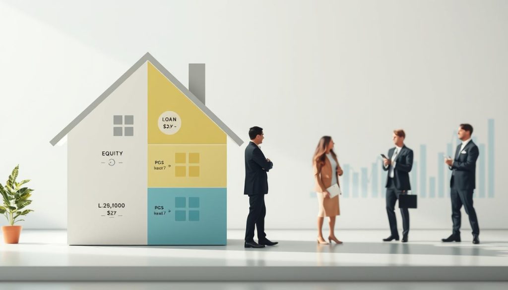 A conceptual diagram illustrating the basic concept of "second mortgage loans" in a clean, professional style. In the foreground, display a large house symbolically divided into different sections representing equity, loan amounts, and financial calculations. In the middle ground, incorporate visually engaging elements like a calculator, financial documents, and friendly professionals discussing, dressed in smart business attire. In the background, feature abstract financial graphs and charts to emphasize the economic context. The lighting should be bright but soft, creating an inviting atmosphere, captured from a slightly elevated angle to give depth to the scene. Aim for a modern, informative feel, avoiding any text or watermarks, suitable for a business-oriented article.