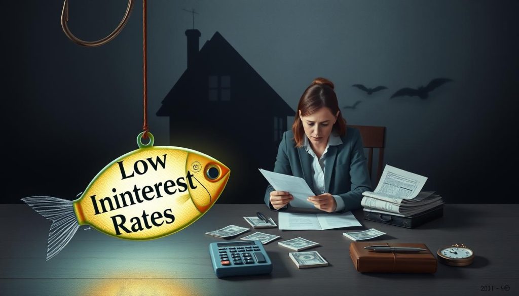 A conceptual illustration depicting the lure of low-interest rates in second mortgage traps. In the foreground, a large, glowing bait labeled "Low Interest Rates" sits enticingly on a hook. The middle ground features a worried couple in professional attire, examining paperwork with concerned expressions, surrounded by scattered bills and calculator on a table. The background shows a dark, looming shadow of a house, symbolizing the potential risks and traps of second mortgages. Soft, dramatic lighting highlights the couple while casting ominous shadows, enhancing a sense of anxiety and forewarning. The overall mood is tense and thought-provoking, capturing the dilemma of financial decisions.