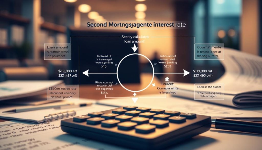 A detailed and informative infographic illustrating the concept of second mortgage interest rate calculation. The foreground features a calculator displaying numbers, surrounded by documents and financial charts, symbolizing calculations and financial planning. In the middle, include a clear diagram showing how interest rates are determined, with arrows and lines connecting various factors such as loan amount, interest rates, and repayment period. The background consists of an office setting, softly lit with warm lighting to create a professional atmosphere. Use a slightly elevated angle for a clear view of the components. The overall mood should be focused and educational, inviting readers to engage with the topic of second mortgage interest calculation principles.