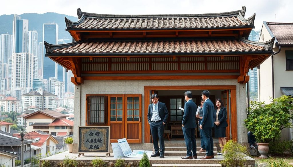 A detailed and insightful analysis of the value positioning of traditional residential buildings in the real estate market. The foreground features a beautifully rendered traditional Taiwanese house (透天厝), showcasing intricate architectural details, such as wooden beams and tiled roofs. In the middle ground, a diverse group of professionals in formal business attire are discussing the housing market, with charts and graphs spread out on a table. The background depicts a vibrant urban landscape, capturing the essence of real estate development with tall buildings and modern housing developments. Soft, natural lighting emphasizes a productive atmosphere, while the lens captures a slightly angled view to add depth. The overall mood is analytical and optimistic, reflecting the importance of this unique housing style in today's property market.