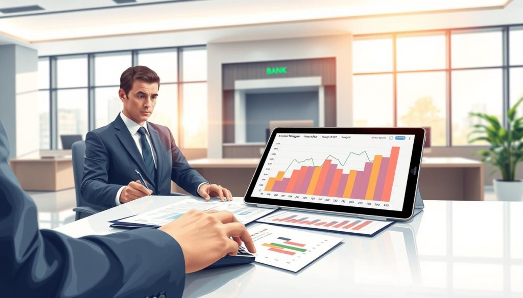 A detailed illustration depicting the concept of "second mortgage interest rates calculation" in a bank setting. In the foreground, a professional businessperson, dressed in a smart suit, is analyzing a set of documents and a calculator on a clean, modern desk. The middle layer features charts and graphs on a digital tablet, showcasing fluctuating interest rates in vibrant colors. The background includes a sleek bank office ambiance with large windows allowing natural light to flood the room, enhancing the mood of professionalism and trust. The camera angle is slightly angled from above, capturing both the work being done and the dynamic office environment. Overall, create a clear, informative, and engaging atmosphere that reflects the theme of financial calculation and decision-making.