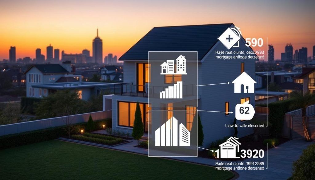 A detailed illustration depicting the key factors influencing the secondary mortgage loan amounts for detached houses in prime real estate areas. In the foreground, show a modern two-story house with a well-manicured garden to symbolize the property. In the middle ground, include graphical elements like charts and icons representing location, property value, and loan amounts, neatly layered to emphasize their relationships. In the background, feature a city skyline at dusk, with soft golden lighting to evoke a sense of opportunity and investment. The atmosphere should be professional and informative, with a clear focus on the factors affecting mortgage loans. Use a wide-angle lens to capture a broad view while keeping the house as the central focal point.