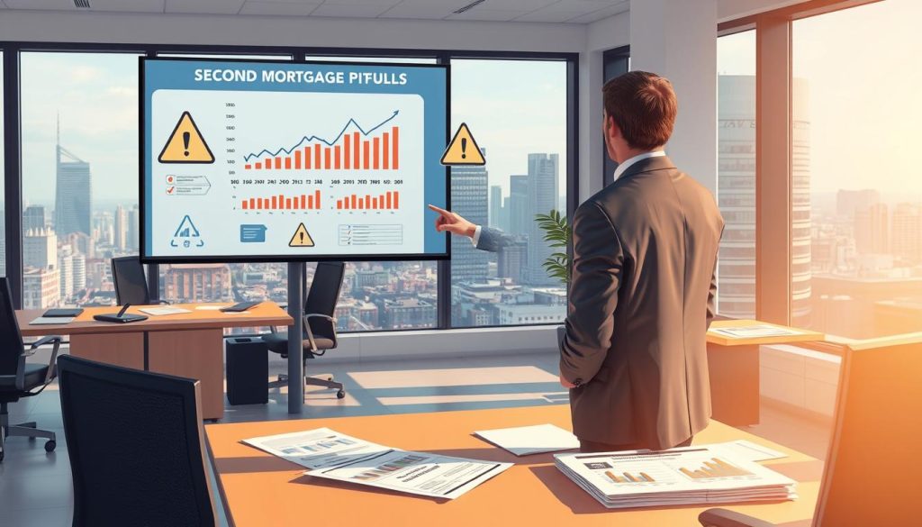 A detailed illustration of a financial consultant in a modern office setting, discussing the concept of second mortgage pitfalls. The foreground features a central figure, a professional dressed in business attire, pointing at a digital screen displaying graphs and warnings related to second mortgages. The middle ground includes desks with financial documents and charts, while the background hints at a city skyline through large windows, suggesting a bustling urban environment. Soft, natural lighting filters in, creating a warm and inviting atmosphere. Overall, the image conveys a sense of urgency and importance, highlighting the complexities and dangers of second mortgages, designed to draw the viewer into the discussion.