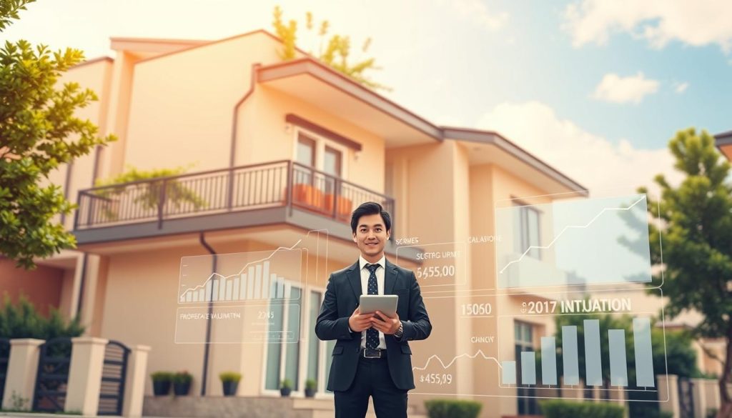 A detailed illustration of a modern Taiwanese townhouse, showcasing its two-story structure with a rooftop garden visible. In the foreground, there is a professional, well-dressed real estate agent, standing confidently with a tablet in hand, discussing financial concepts. The middle ground features a digital overlay of financial graphs and terms related to second mortgage loans and property valuation, integrating seamlessly into the scene. The background displays a bright, clear sky with a few clouds, conveying a sense of opportunity and growth. The lighting is warm and inviting, creating an optimistic atmosphere. The perspective is slightly low-angle, emphasizing the townhouse's impressive architecture while keeping the focus on the professional in discussion.