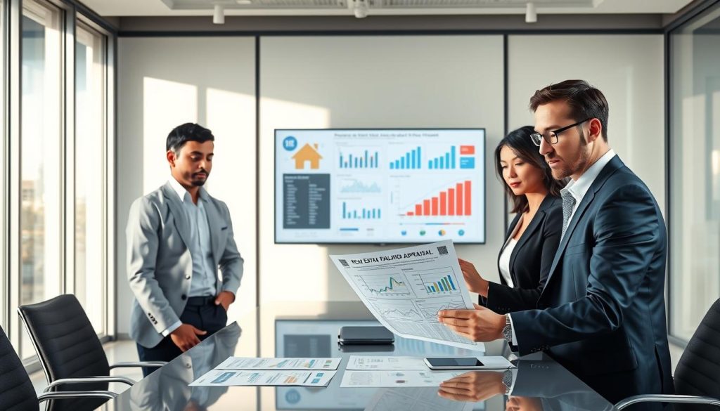 A detailed illustration of the valuation process for "透天厝", featuring a modern, professional office environment. In the foreground, a diverse group of three business professionals, two men and one woman, are examining a detailed real estate appraisal document on a sleek conference table, dressed in smart business attire. The middle ground showcases a large digital screen displaying charts and graphs related to property value assessment. In the background, large windows let in soft, natural light, casting gentle shadows across the room. The atmosphere is serious yet collaborative, with a hint of analytical focus, emphasizing the importance of understanding real estate valuation in banking. The image should be bright and clear, capturing a professional, engaging ambiance without any text or overlays.