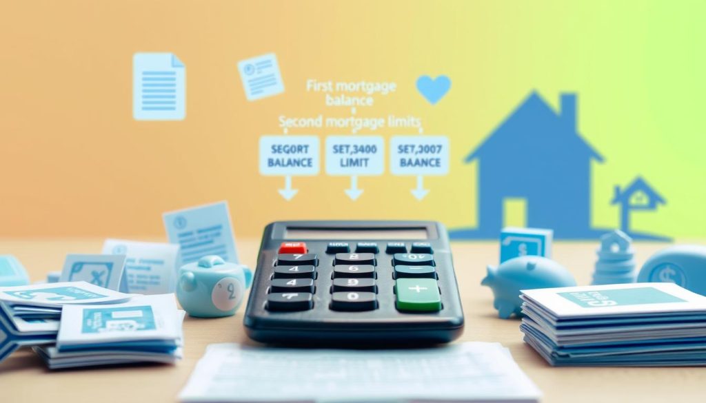 A detailed infographic illustrating the relationship between the first mortgage balance and the second mortgage limit in a home loan scenario. In the foreground, display a large calculator surrounded by symbols of financial documents, such as loan agreements and mortgage plans. The middle ground features a flowchart that visually connects the first mortgage balance to the second mortgage limit, with arrows indicating the flow of information. In the background, depict a stylized house silhouette to represent home ownership. Use bright yet professional colors like blue and green, emphasizing clarity and understanding. The lighting should be soft and inviting, creating a professional atmosphere. The camera angle should be slightly elevated to capture all elements effectively. Aim for a clean and informative, yet engaging visual style.