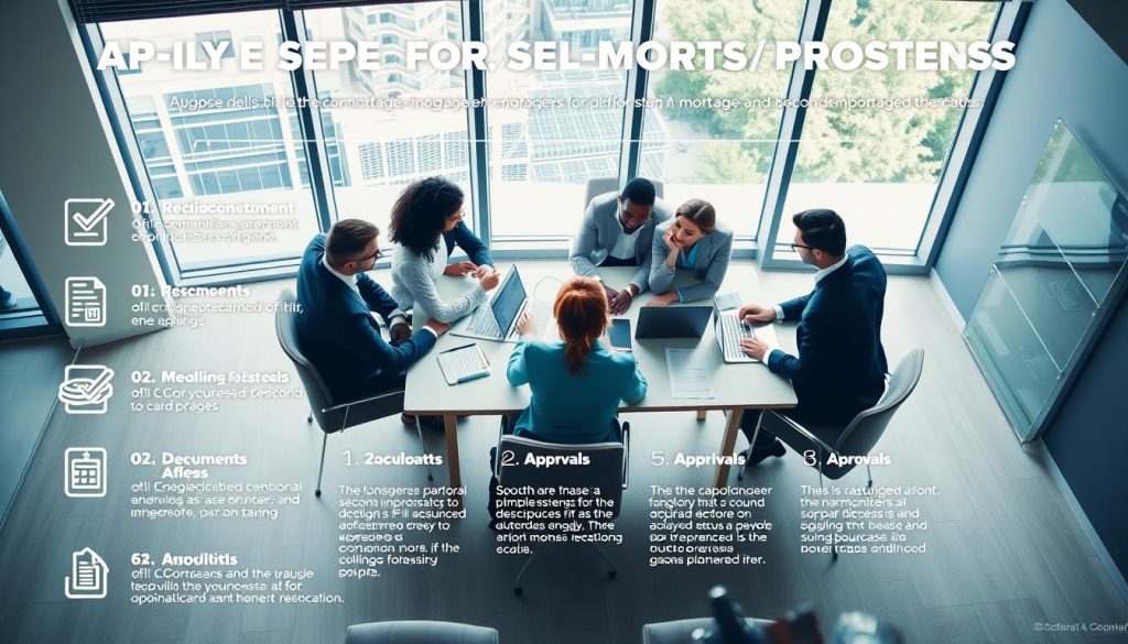 A detailed infographic illustrating the seven-step process for applying for a second mortgage for self-employed individuals. In the foreground, display a checklist with clear, concise steps, using icons that represent each stage, such as documents, calculations, and approvals. In the middle, depict a diverse group of professionals in business attire discussing the process around a conference table, with laptops and financial documents visible. The background should feature a modern office setting with large windows letting in natural light, creating a bright and open atmosphere. The overall mood is informative and professional, emphasizing clarity and organization in financial matters. Use a high angle perspective to capture the entire scene harmoniously.