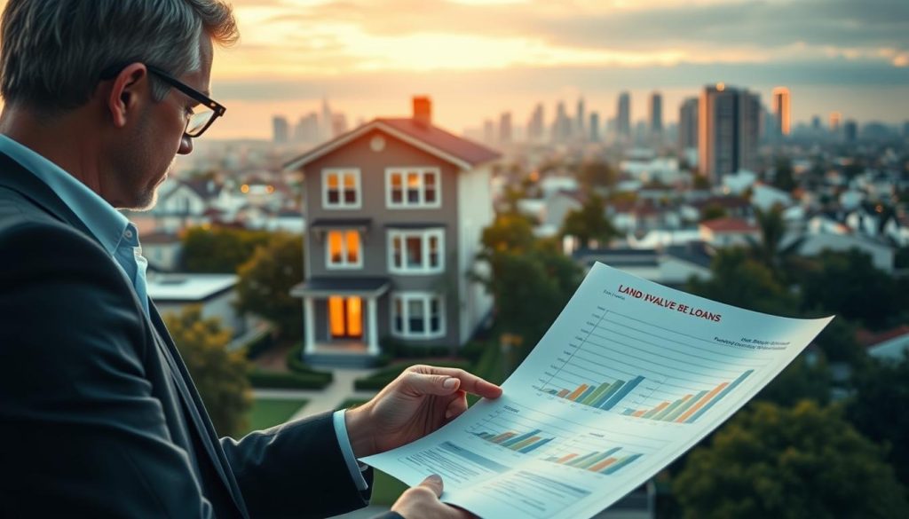 A detailed scene depicting the concept of land value assessment and its impact on home equity loans for two-story townhouses. In the foreground, a financial analyst in professional attire examines a modern appraisal report with graphs and charts, symbolizing the evaluation process. The middle ground shows a two-story townhouse with a well-maintained garden, emphasizing its value. In the background, a city skyline gleams under golden hour lighting, reflecting economic growth. The overall mood is analytical and insightful, conveying the importance of land value in financial decisions. Use a wide-angle lens for an expansive view, with soft-focus elements to enhance depth. The lighting should be warm, creating a sense of optimism about property investment.