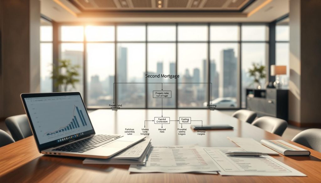 A detailed visualization of a second mortgage (二胎房貸) concept diagram. In the foreground, show a modern, elegant office space with a neatly arranged desk featuring financial documents and a laptop displaying graphs. In the middle layer, illustrate a flowchart or diagram representing the second mortgage process, including elements like property value, loan options, and potential risks, all labeled clearly. In the background, provide a soft-focus view of a city skyline through large windows, creating a sense of professionalism and success. The lighting should be bright and inviting, with natural light streaming in. The atmosphere should convey clarity and understanding of financial concepts, aimed at professionals in the real estate or financial sectors. Avoid any text, captions, or people in the image.