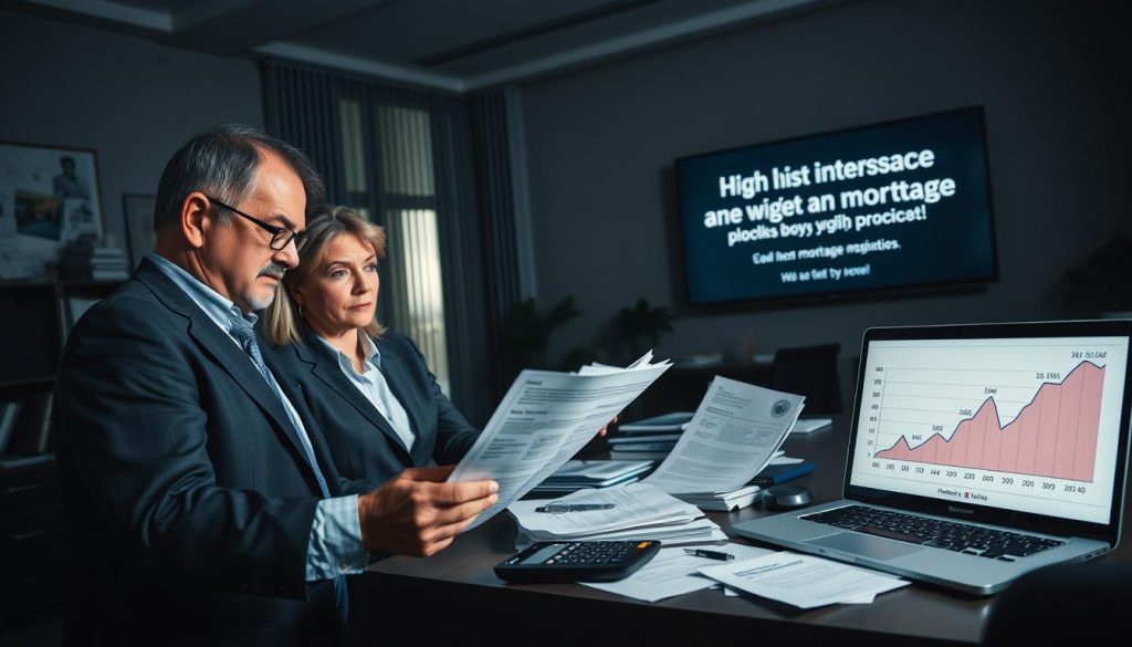 A foreboding office environment filled with financial documents and a large screen displaying alarming statistics about high interest rates. In the foreground, a worried middle-aged couple dressed in professional business attire examines the documents, their expressions reflecting concern and confusion. The middle ground features a desk cluttered with loan pamphlets, a calculator, and a laptop showcasing a graph depicting rising costs. In the background, a large window allows dim natural light to cast long shadows, enhancing the tense atmosphere. The room's colors are muted, with a grey and blue palette, emphasizing the seriousness of the subject. The overall mood is one of urgency and caution, capturing the hidden risks of second mortgage pitfalls.