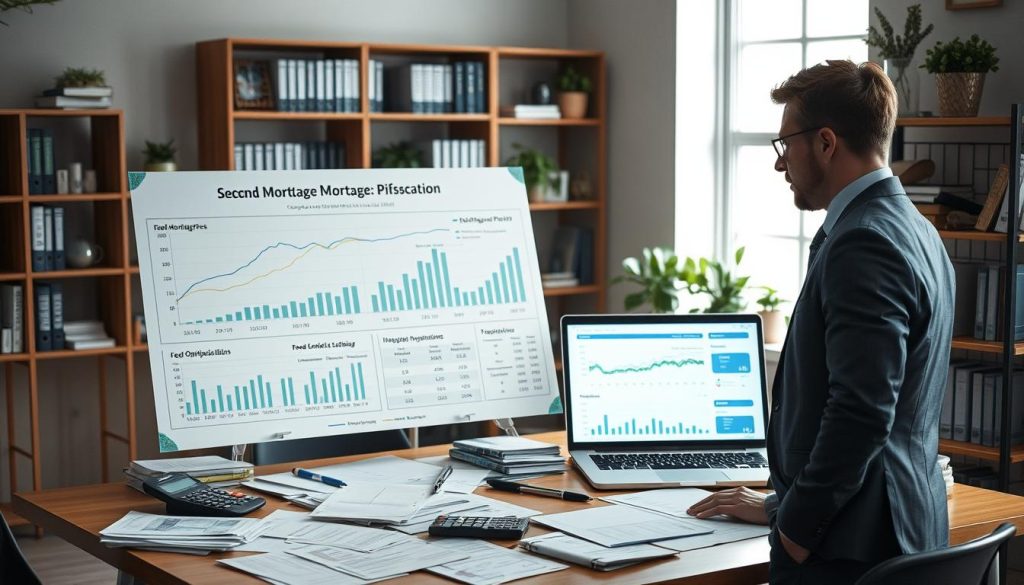 A meticulously arranged workspace showcasing an analysis of "Second Mortgage Pitfalls: Fee Obfuscation." In the foreground, a professional in business attire examines a large chart filled with graphs and figures related to mortgage fees, looking inquisitive. The middle layer features a modern desk cluttered with financial documents, a calculator, and a laptop displaying dynamic data, all illuminated by soft, natural light filtering through a window. In the background, shelves lined with finance books and decorative plants enhance the atmosphere, suggesting a professional yet approachable setting. The overall mood is serious and focused, emphasizing the importance of understanding financial obligations in real estate.