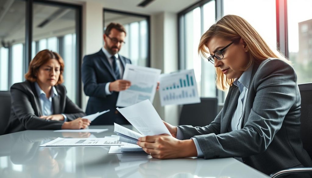 A professional business setting depicting a tense negotiation around real estate financing. In the foreground, a concerned middle-aged couple wearing modest business attire is seated at a sleek conference table, anxiously looking at documents. The middle ground features a confident loan officer in a smart suit, gesturing emphatically while presenting charts and graphs that illustrate potential loans. The background includes a modern office with large windows, natural daylight streaming in, enhancing the atmosphere of pressure and urgency. The camera angle should be slightly low, creating a sense of intensity, focusing on the expressions of both the couple and the loan officer. The overall mood is serious and dramatic, conveying the weight of financial decisions.